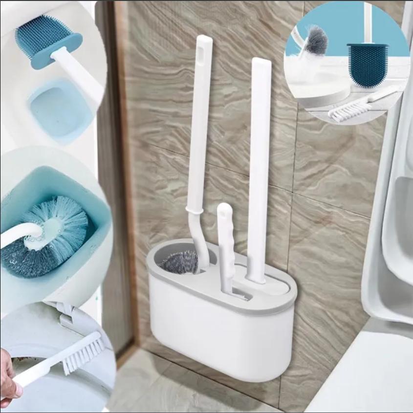 Bộ 3 Bàn Chải Silicon Chà Bồn Cầu Vệ Sinh Nhà Tắm Cọ Bồn Cầu Toilet 3 Trong 1 Tiện Dụng Đa Năng, Bộ 3 Cây Chổi Cọ Nhà Vệ Sinh Toilet Xoay 360 Độ Treo Tường - Set 3 Bàn Chải Chà Bồn Cầu Silicon 3in1 Làm Sạch Nhà Tắm