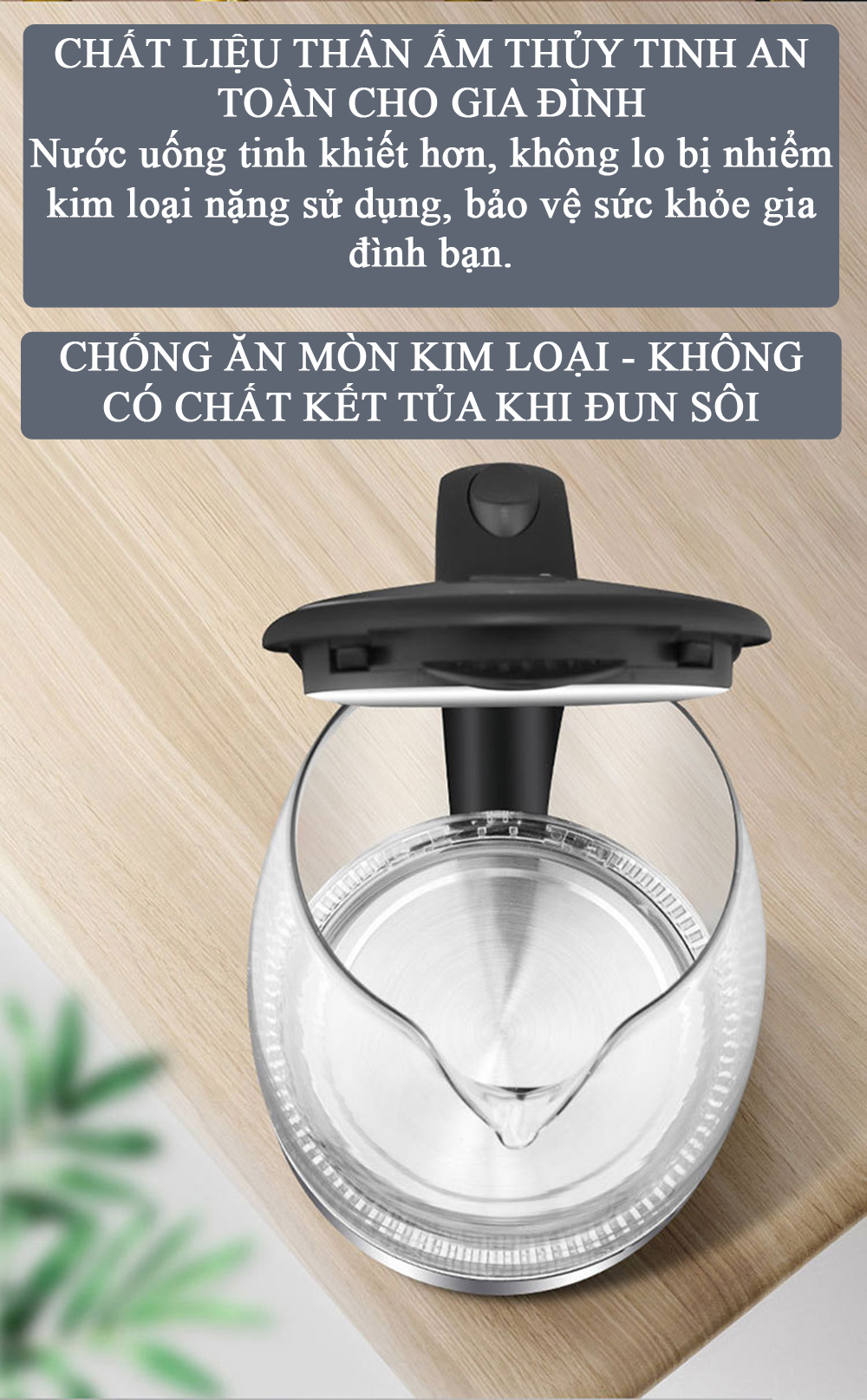 Ấm siêu tốc thuỷ tinh cường lực cao cấp loại 2.0L tự ngắt khi sôi, công xuất lớn1500W đun sôi nhanh.