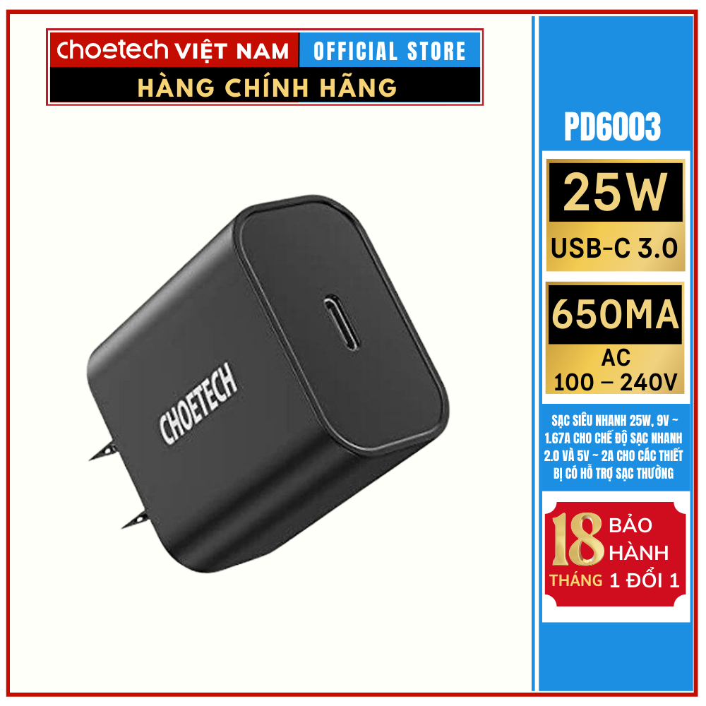 Củ sạc nhanh Type C 25W (PD/ QC3.0 Quick charger, With Cable) Choetech PD6003- Hàng chính hãng