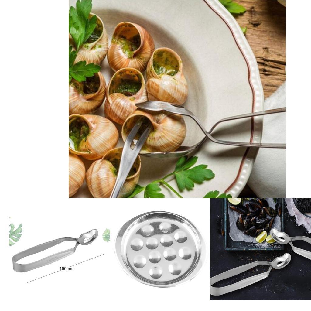 Stainless Steel Snail Escargot Plate Dishes 12 Compartment Holes Tong