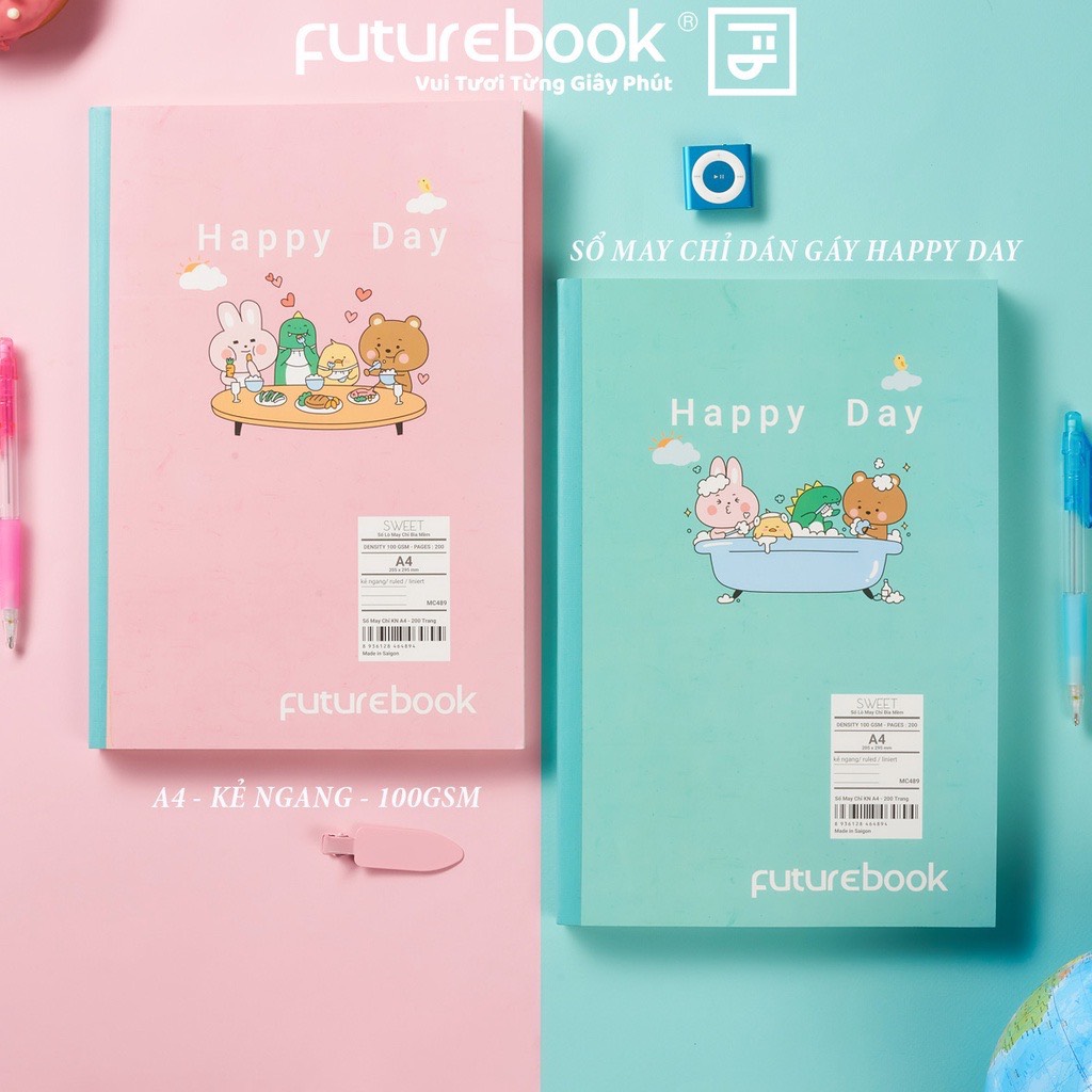 Sổ May Chỉ Dán Gáy Happy Day A4- Kẻ Ngang- 100GSM. Phong cách Hàn Quốc. VPP FUTUREBOOK. Giao mẫu ngẫu nhiên