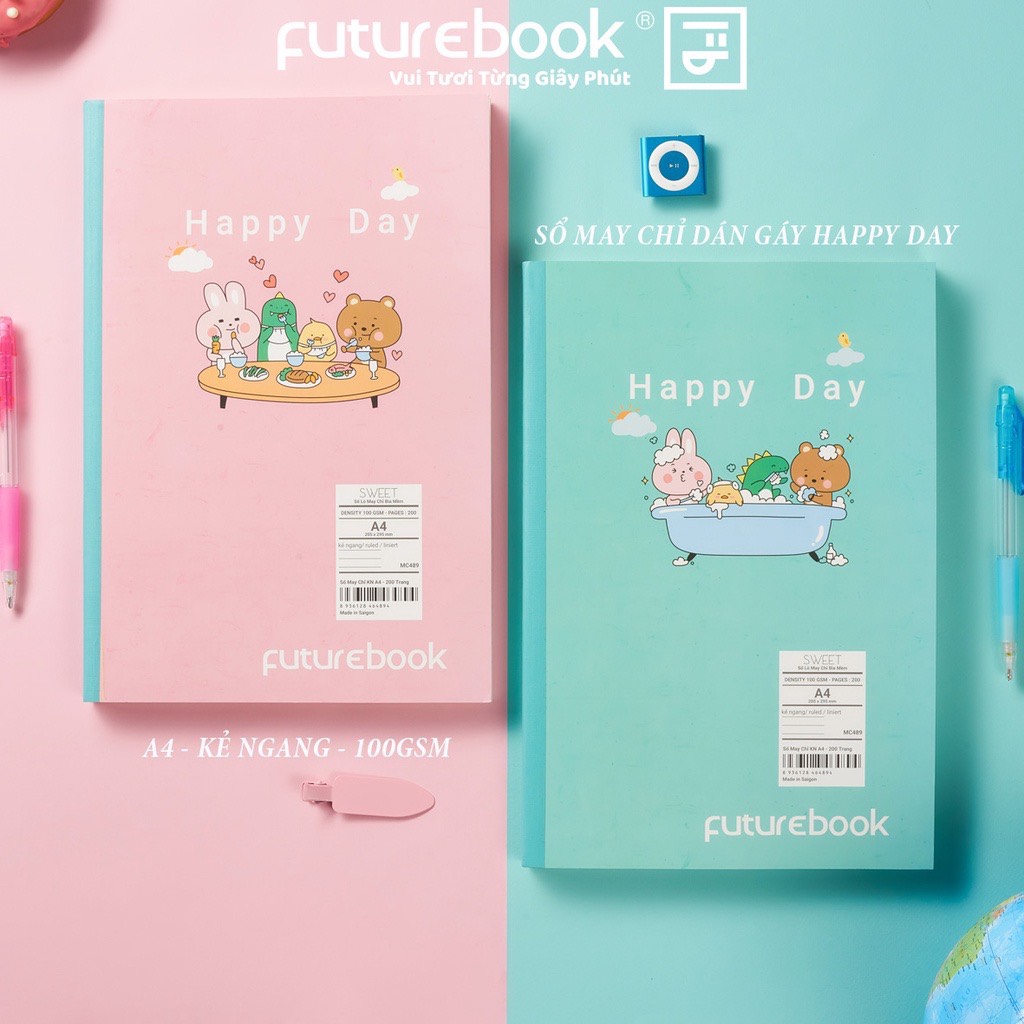 FUTUREBOOK-Sổ May Chỉ Dán Gáy Happy Day A4_Dòng Kẻ Ngang–Định Lượng 100 Gsm. 140Tr_200Tr