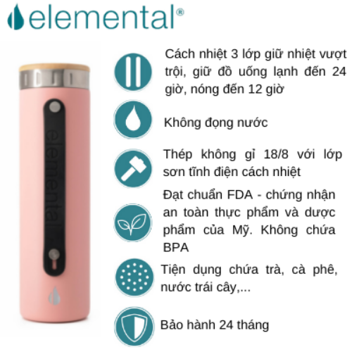 Bình giữ nhiệt Elemental Iconic màu hồng 590ml, giữ nhiệt vượt trội, inox 304, FDA Hoa Kì, An toàn sức khỏe, có lưới lọc