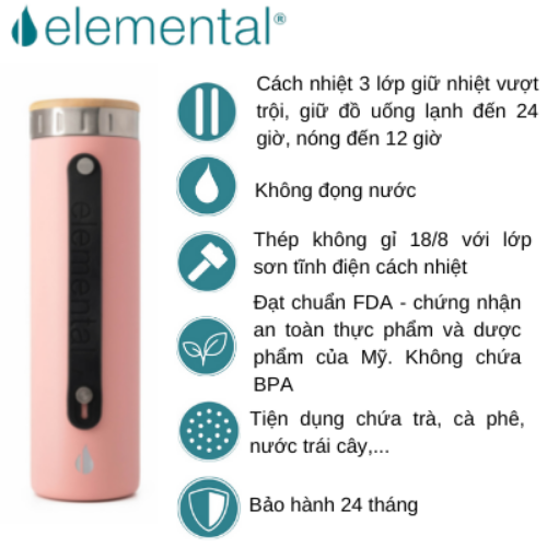 [Hàng chính hãng – Thương hiệu Mỹ] Bình giữ nhiệt Elemental Iconic màu hồng 590ml, giữ nhiệt vượt trội, inox 304, FDA Hoa Kì, An toàn sức khỏe, có lưới lọc