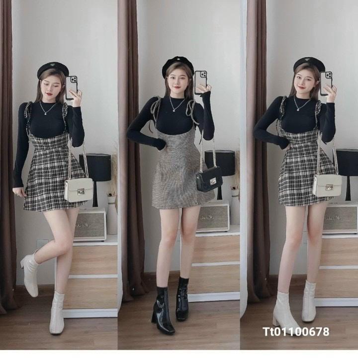 Sét bộ váy yếm nữ tính kèm áo thun đen tay dài thiết kế tinh tế Kgia fashion