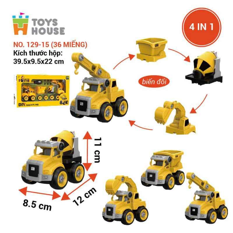 Đồ chơi lắp ghép mô hình oto xây dựng DIY 4 món gồm Cần cẩu, máy múc, xe bồn và xe ben Toys house