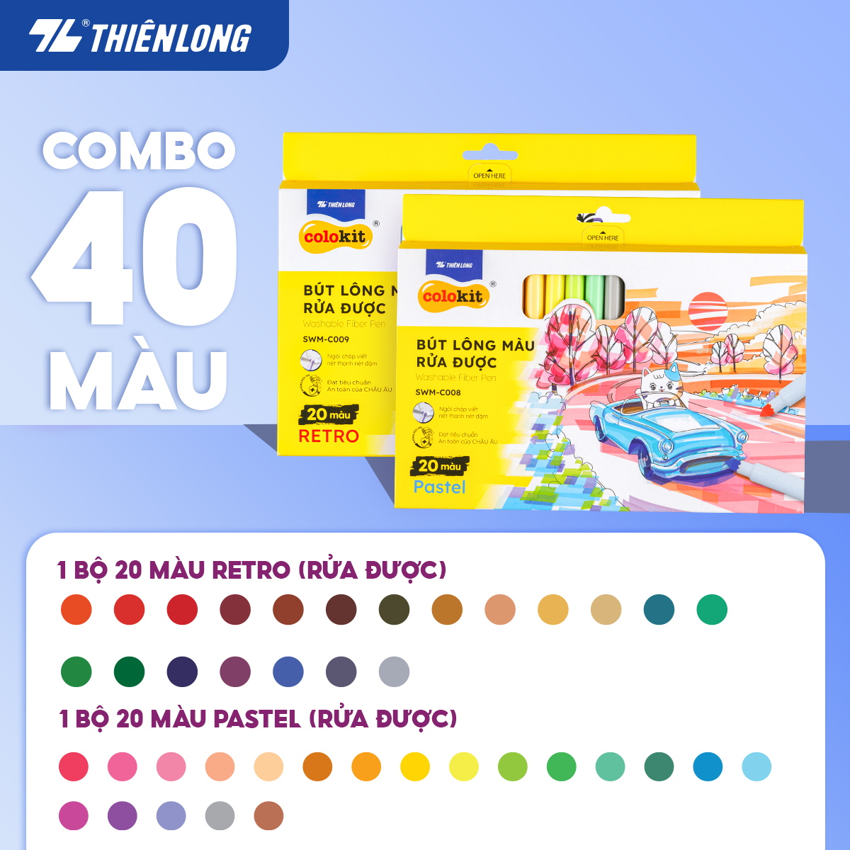 Combo Bút Lông Màu Fiber Pen Retro Thiên Long Colokit 4056606796 Màu Rửa Được An Toàn Sử Dụng Tô Màu, Vẽ Tranh, Calligraphy - 40 Retropastel