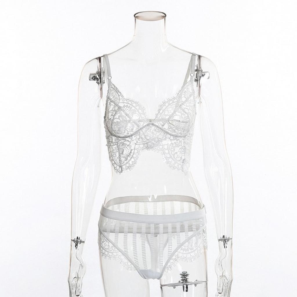 Women White Lace Bra Panty G-String Lingerie Sleepwear Bodysuits