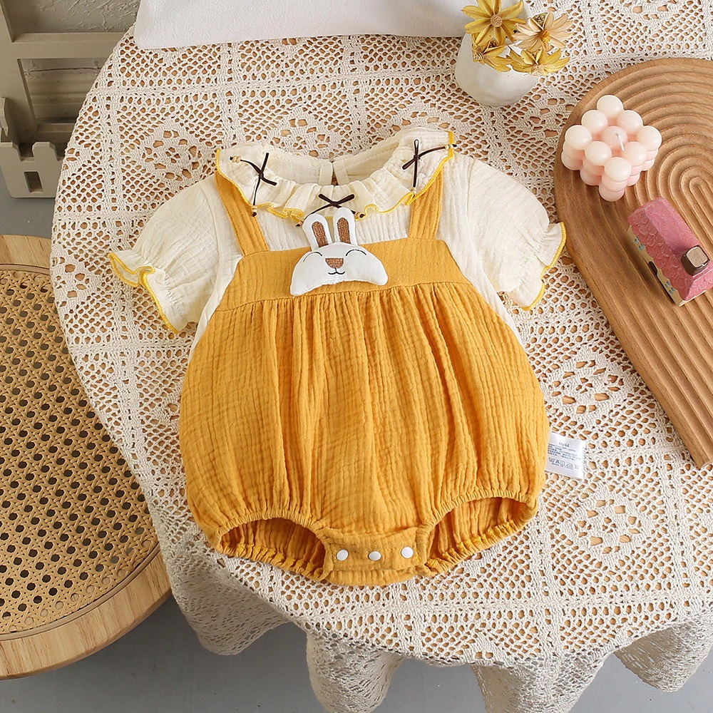 ĐẦM BODY TAY NGẮN CỔ TRÒN GIẢ YẾM THỎ 3D VÀNG CHO BÉ GÁI SƠ SINH 1 2 TUỔI TỪ 5-13KG DÀNH CHO BÉ GÁI