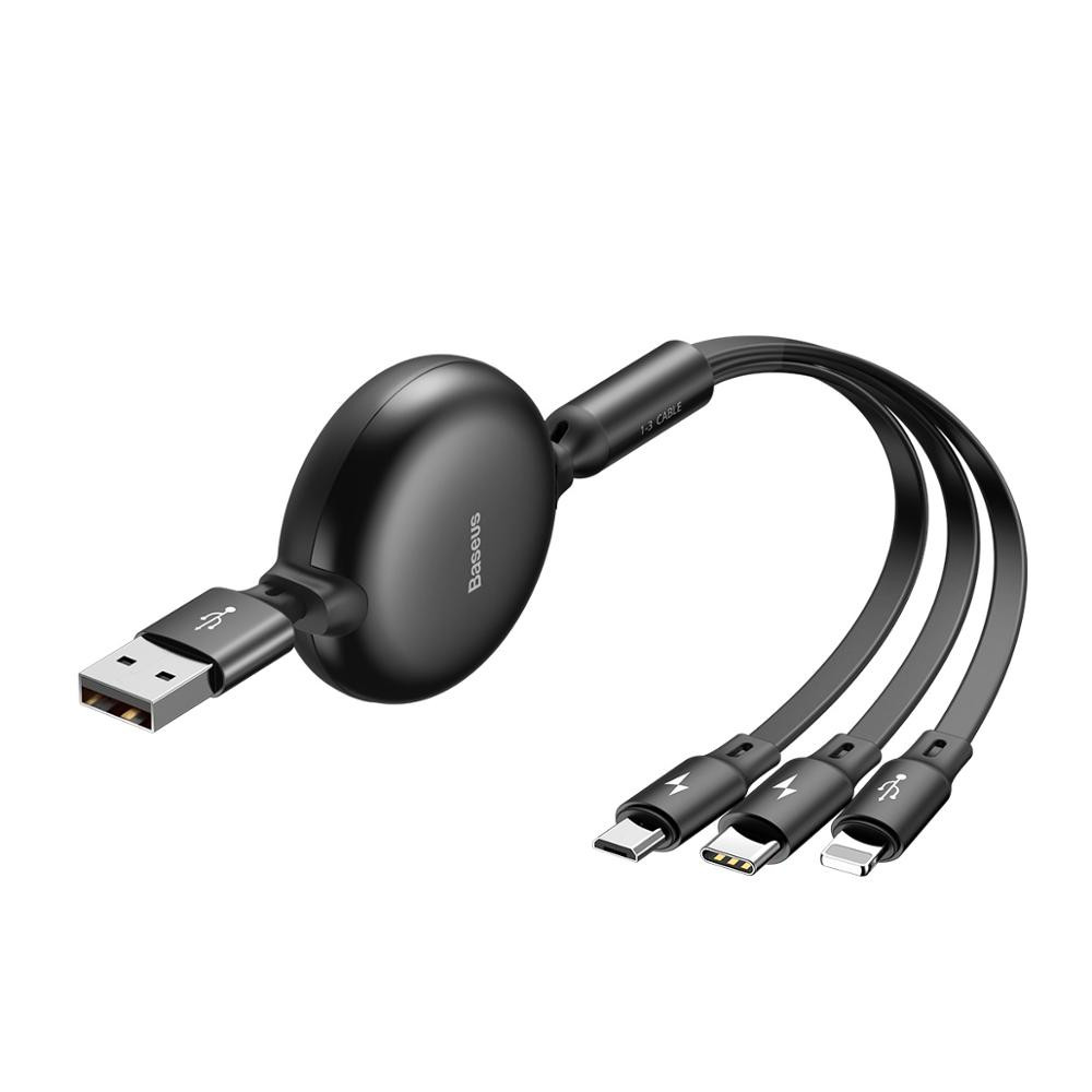 Cáp sạc dây rút Baseus Little Octopus LV391 tích hợp 3 đầu Type C / Micro USB/  3.5A 1.2M -Hàng Chính Hãng