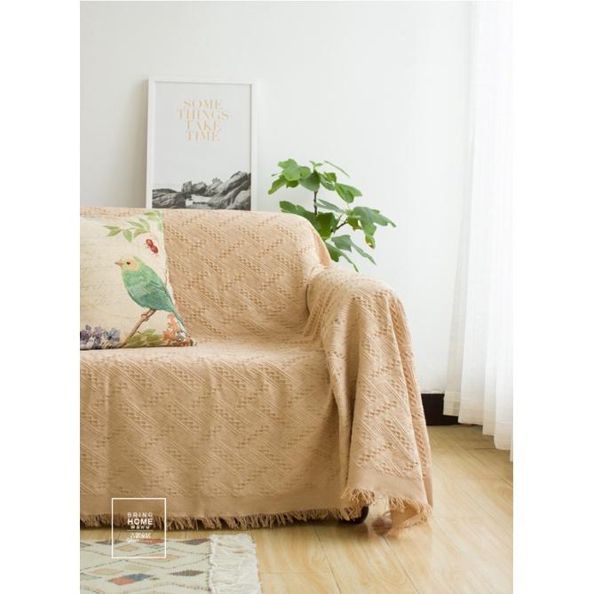 Chăn Thảm Phủ Ghế Sofa Đan Len Tua Rua Phong Cách BOHEMIAN Màu Be Họa Tiết Chéo