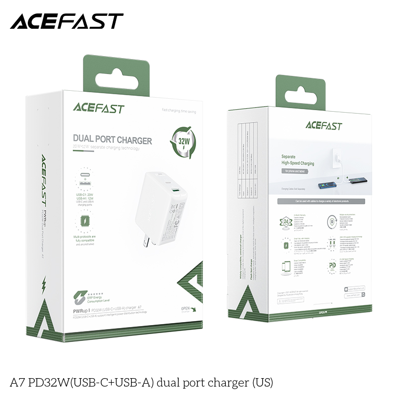 Sạc Acefast PD3.0 32W 2 cổng USB-C+USB-A (US) - A7 Hàng chính hãng Acefast