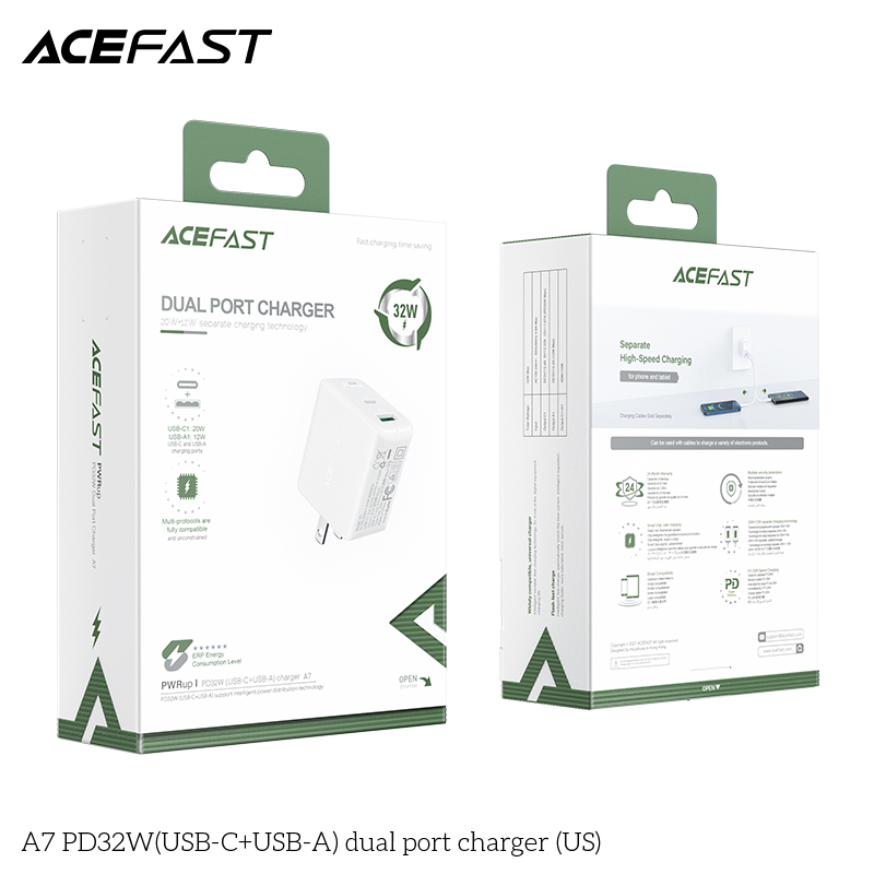 Sạc Acefast PD3.0 32W 2 cổng USB-C+USB-A - A7 Hàng chính hãng Acefast