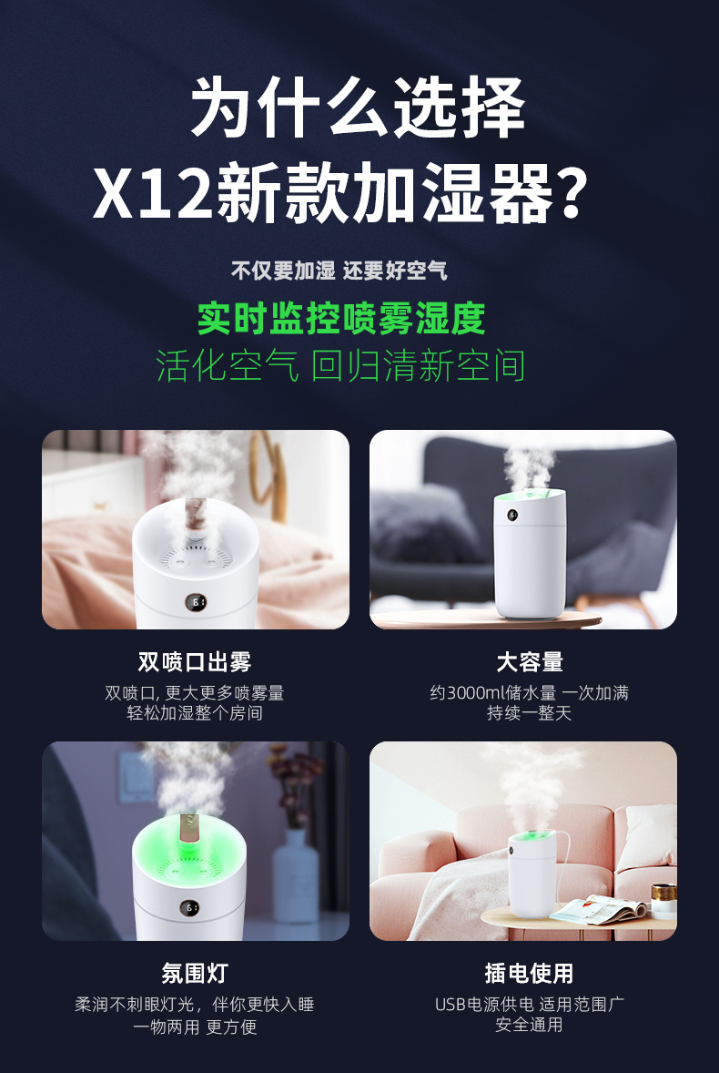 Máy phun sương tạo ẩm cỡ lớn Rhino H801 3000ml, 2 lõi phun, tích hợp đèn 7 màu, dung tích lớn cho không gian rộng - Hàng chính hãng