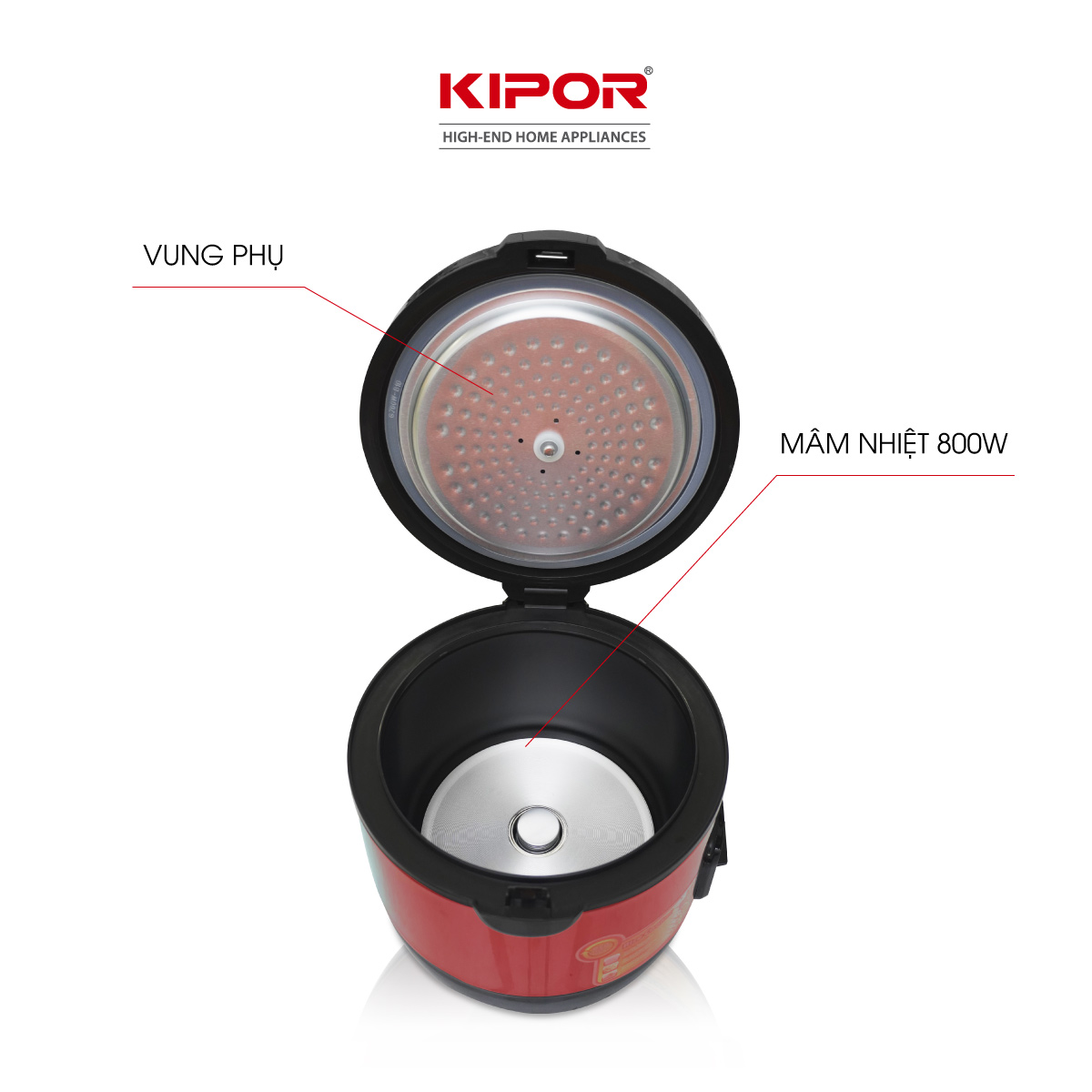 Nồi cơm điện KIPOR KP-N6518 - 1.8L - Nồi cơ dung tích lớn 4-6 người ăn, chống dính TEFLON 3mm 1Kg, màu đỏ/vàng đa năng -Hàng chính hãng- Bảo hành tại nhà 12 tháng