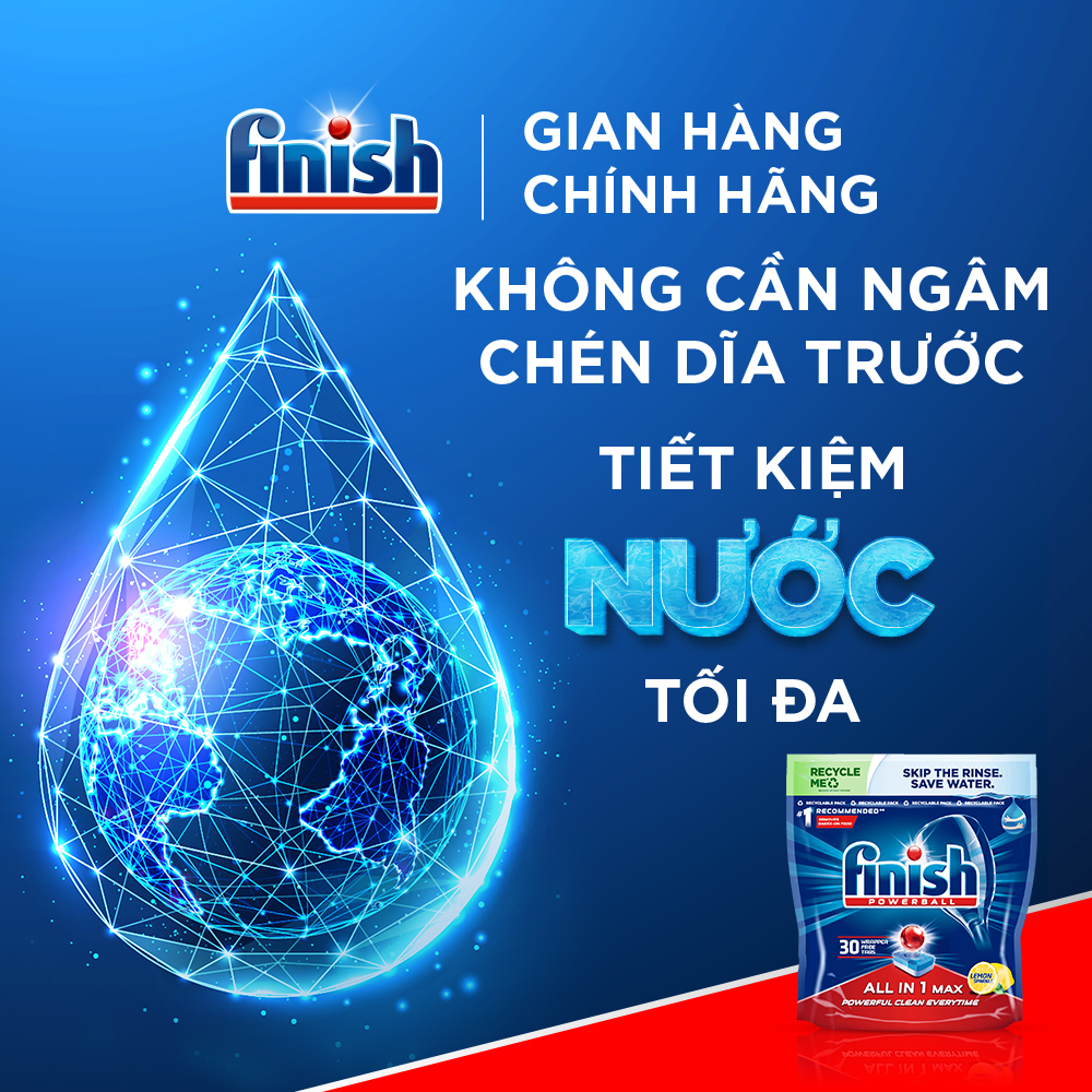 Combo 05 túi Viên Rửa Chén Bát Hương Chanh Finish Powerball All In 1 Max Lemon Sparkle 30 viên