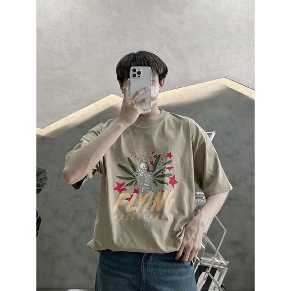 Áo thun cotton áo tay lỡ unisex 2 màu xanh in cánh chuồn chuồn