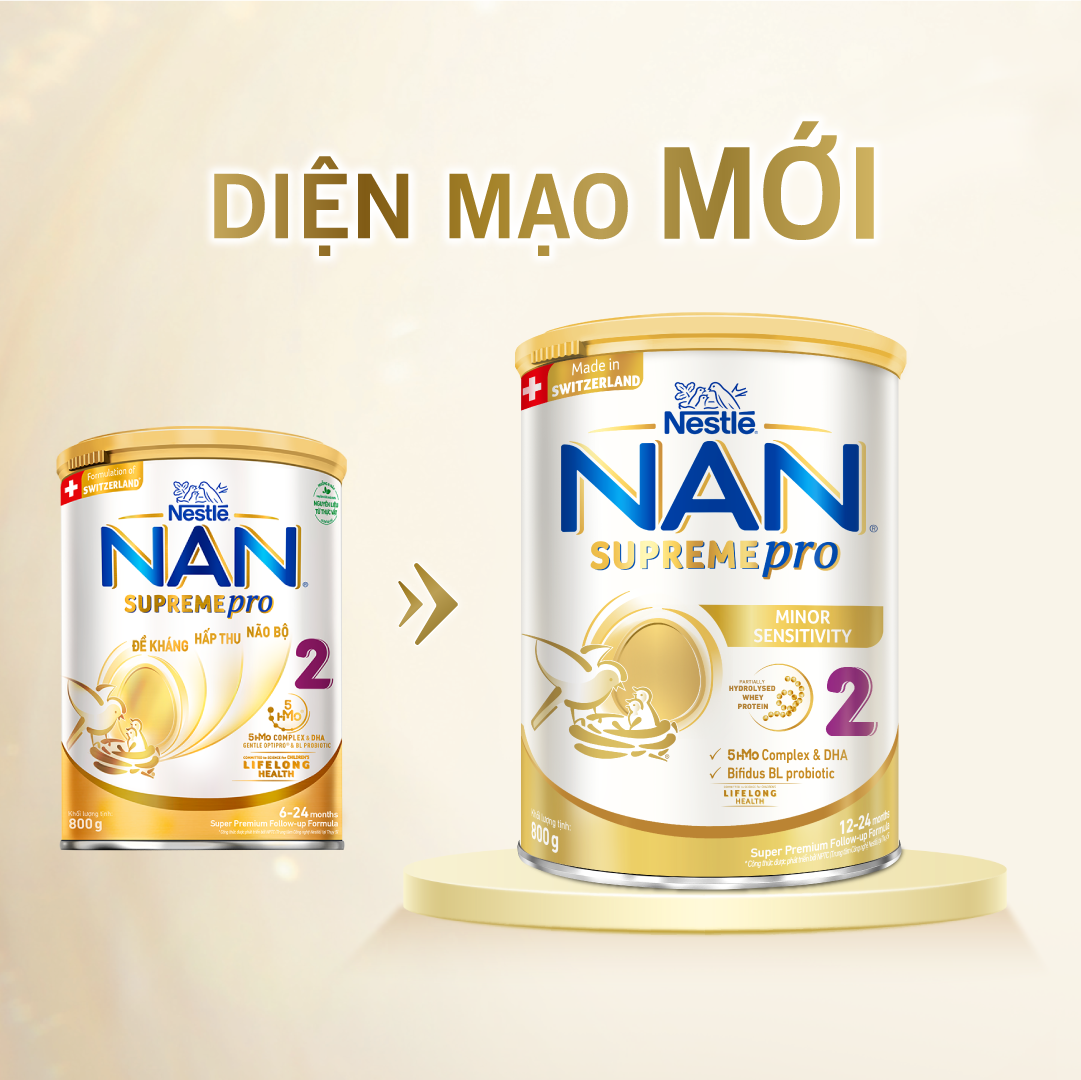 Sữa bột Nestlé NAN SUPREMEPRO 2 800g nhập khẩu Đức với 5HMO & đạm Gentle Optipro ( Dành cho trẻ từ 12 - 24 tháng tuổi)