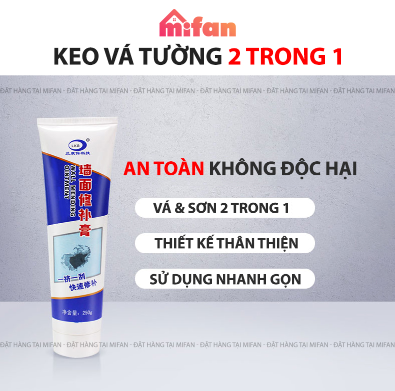 Keo Vá Tường Chống Thấm LKB 250gr - Trám Trét Vết Nứt Khe Hở Tường - Chống Mốc Ẩm Làm Sạch Tường - Mifan Hàng Chính Hãng