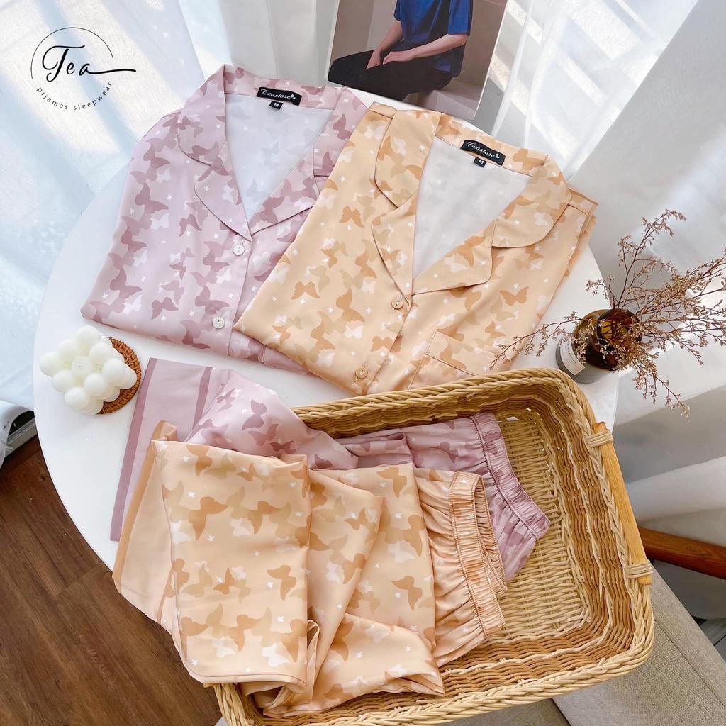 Bộ Mặc Nhà Pyjama Lụa Cao Cấp Tea Store Tay Dài Quần Dài Họa Tiết Cánh Bướm Be 2022