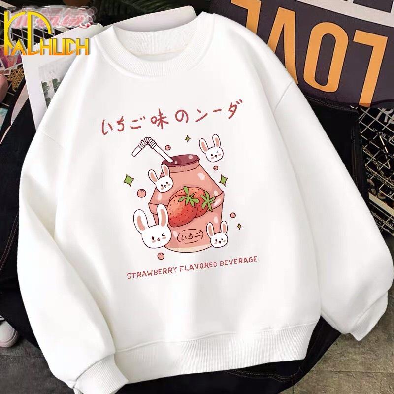 ÁO SWEATER NỈ NỮ IN STRAWBERY FLAVORED BEVERAGE KÈM CLIP THẬT ĐỦ SIZE M L XL