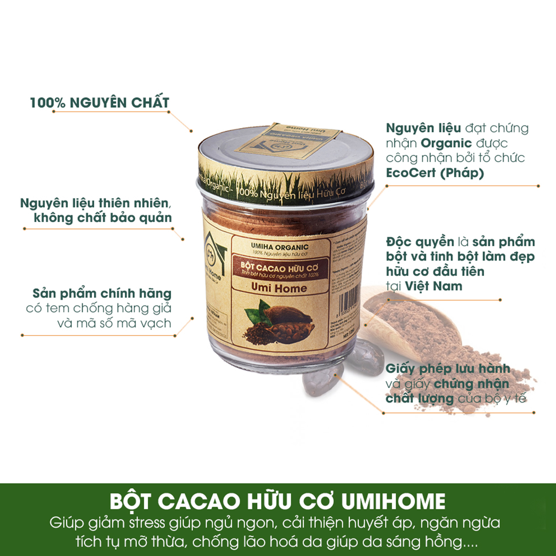 Bột Cacao Nguyên Chất UMIHOME (135g) - Bột đắp mặt dưỡng trắng da loại bỏ thâm nám hiệu quả tại nhà