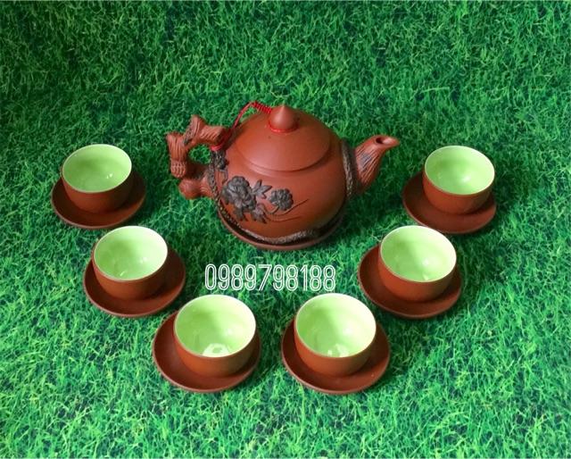 Bộ ấm chén tử sa phù dung đắp nổi Gốm sứ Bát Tràng cao cấp
