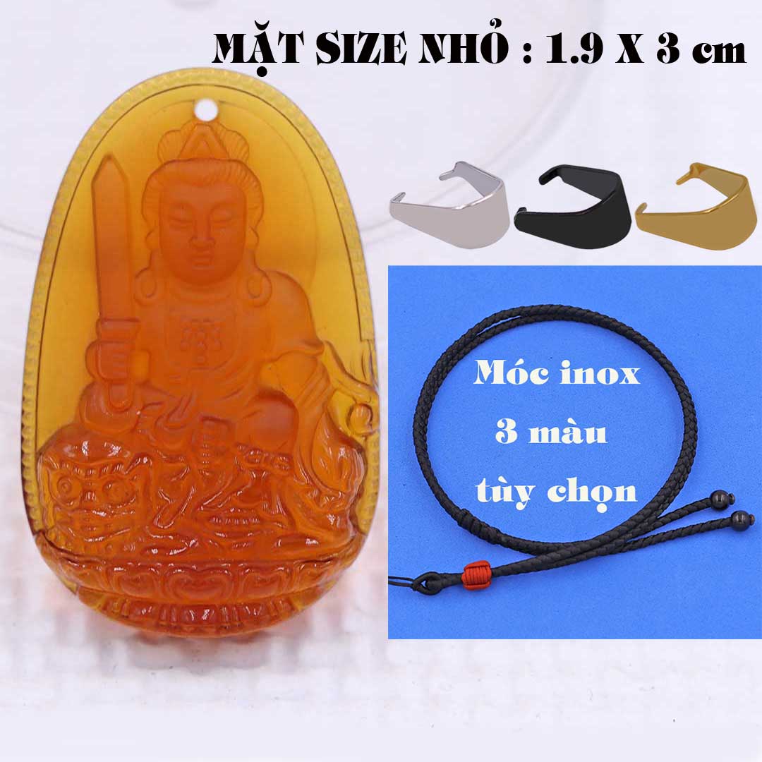 Mặt Phật Văn thù pha lê cam 1.9cm x 3cm kèm vòng cổ dây dù đen + móc inox vàng, Phật bản mệnh, mặt dây chuyền