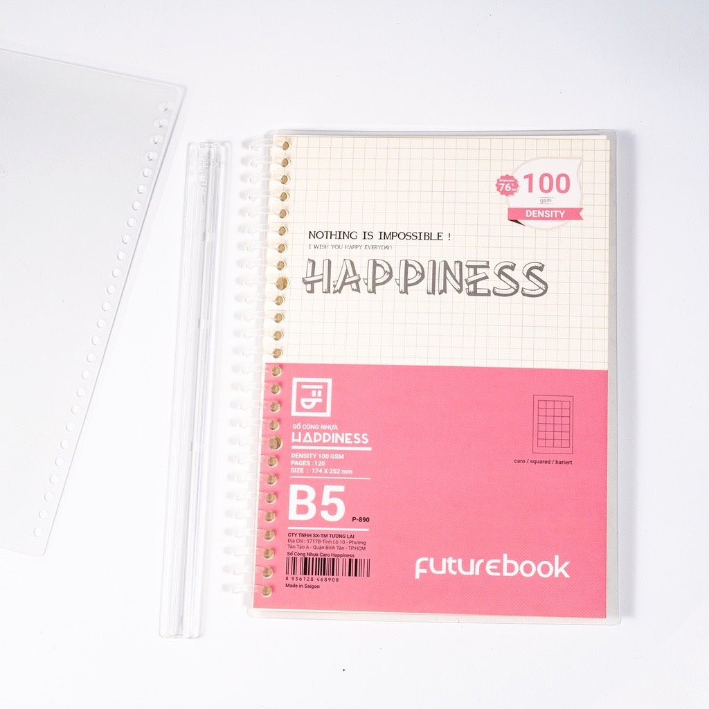 FUTUREBOOK-Sổ Còng Nhựa Happiness B5 26Chấu-120 Trang-Định Lượng 100Gsm.Dòng kẻ CARO . MÃ SP B890