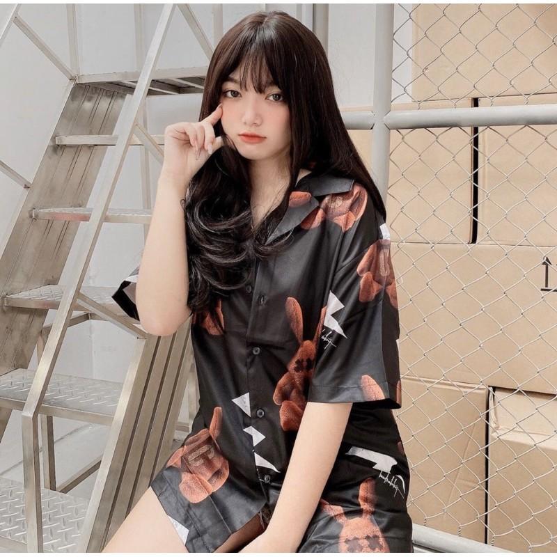 Áo Sơ Mi Nam Tay Lỡ Họa Tiết Thỏ Nâu Form Rộng Chất Vải Lụa Mềm