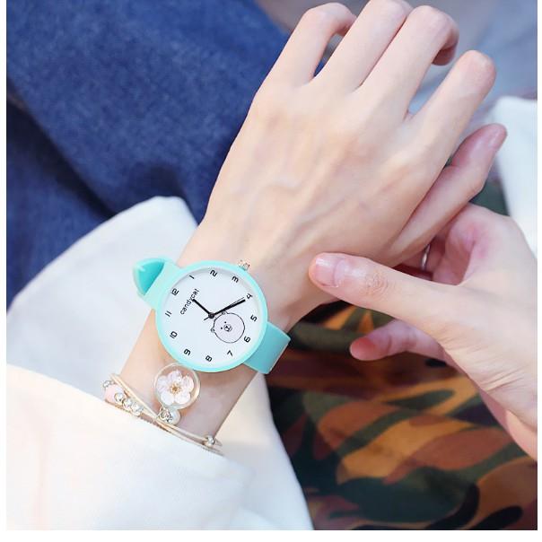 Đồng hồ dây cao su nữ Candycat hình gấu trắng cute, dây cao su mềm mại (xanh ngọc, hồng)