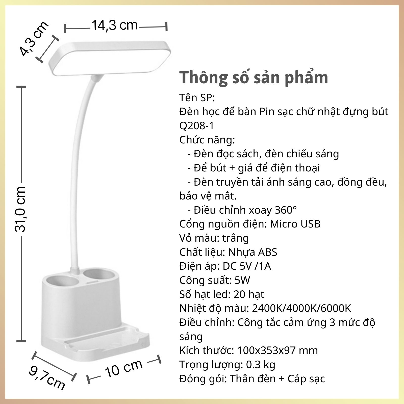 Đèn học để bàn Pin sạc 1250 mAh đựng bút chữ nhật Ba nhiệt độ màu Làm mờ vô cấp