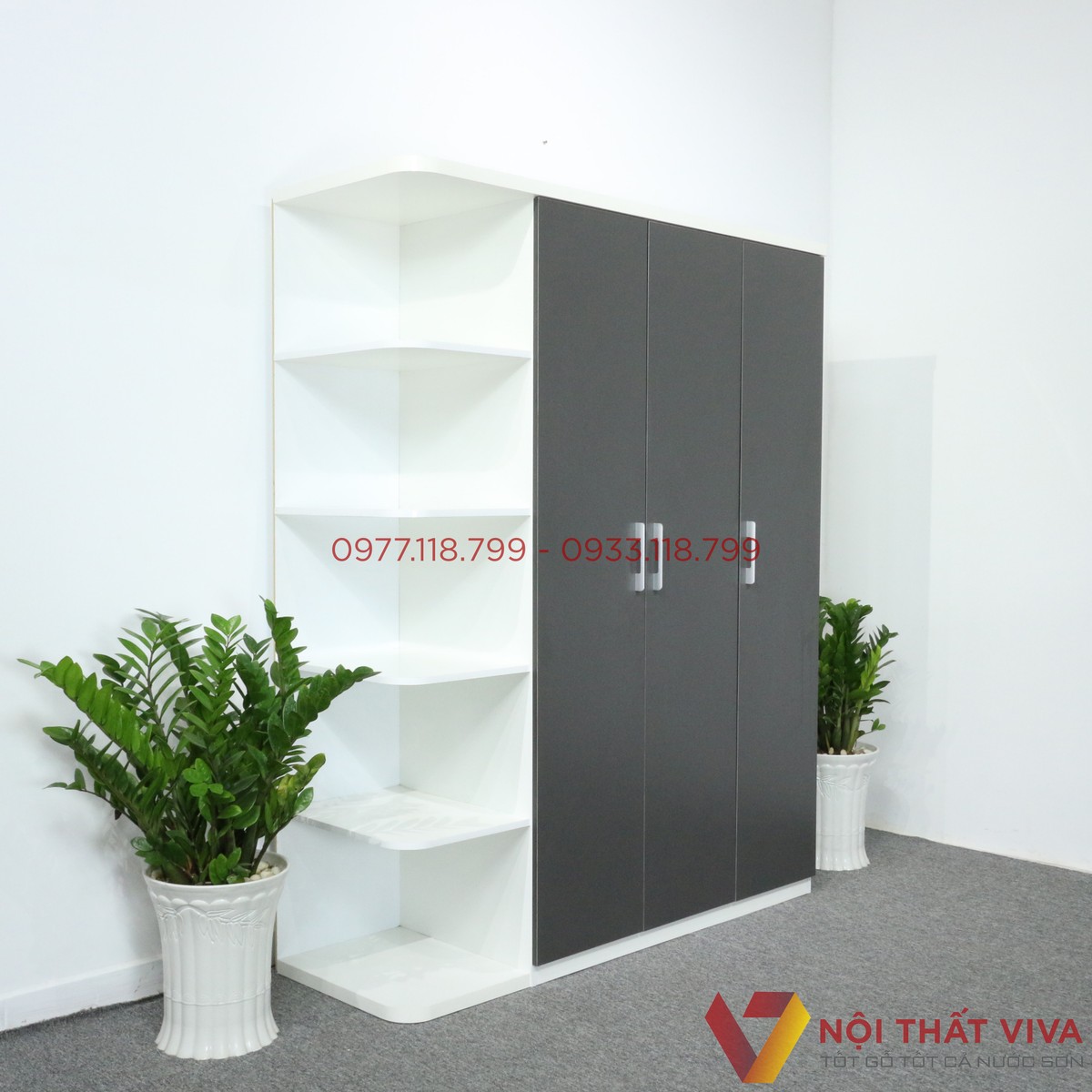 Tủ Quần Áo 3 Cánh Gỗ MDF Màu Trắng Cửa Xanh Đen Hiện Đại