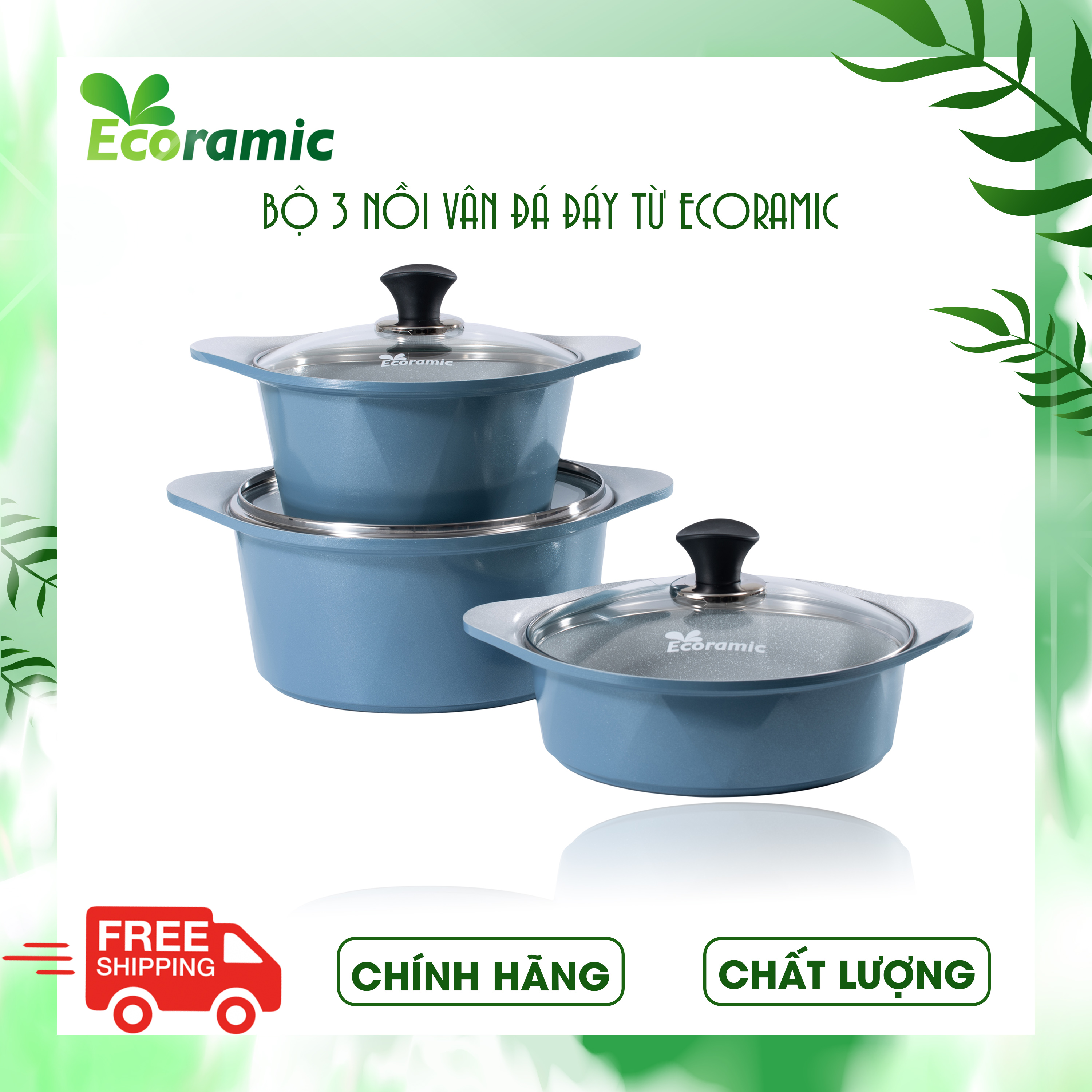 Bộ 3 Nồi V-Line Ecoramic Đáy Từ Chính Hãng, Chống Dính, Cực Bền, Dùng cho mọi loại bếp trừ bếp từ, Bảo hành chính hãng 2 tháng