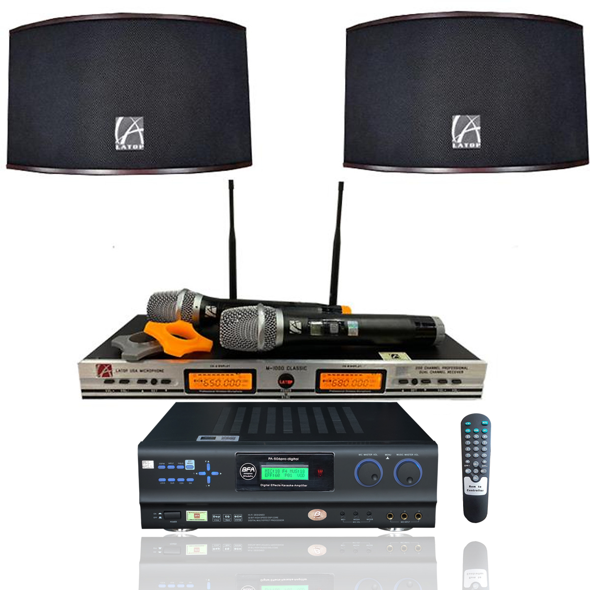 Dàn âm thanh karaoke gia đình BfaudioPro 3 món gồm vang số Bfaudio N506, loa Latop R212C, micro Latop M1000 - Hàng chính hãng