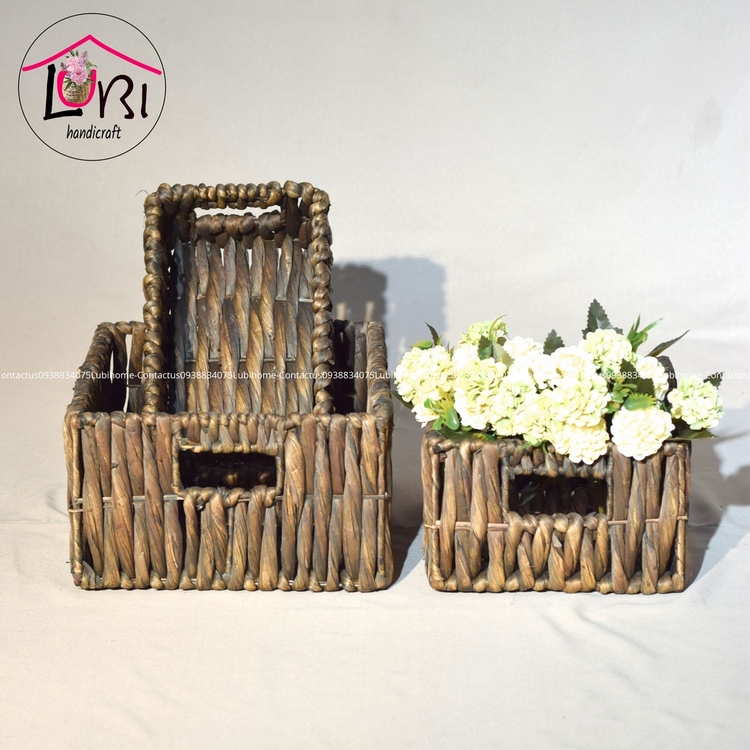 Sọt đựng đồ lục bình hình chữ nhật bộ 3 - màu nâu đan vặn dọc