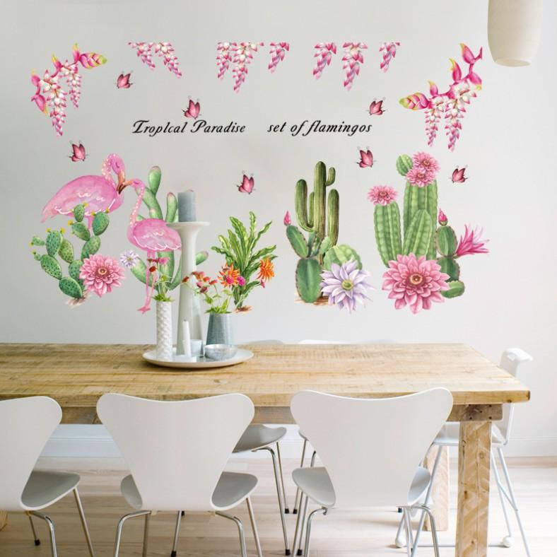 Decal dán tường trang trí - HỒNG HẠC HOA XƯƠNG RỒNG SẮC NÉT