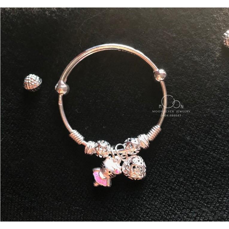 Lắc tay, vòng tay bạc cứng trẻ em hình con mèo, charm mèo kitty cho bé gái chuẩn bạc ta 999