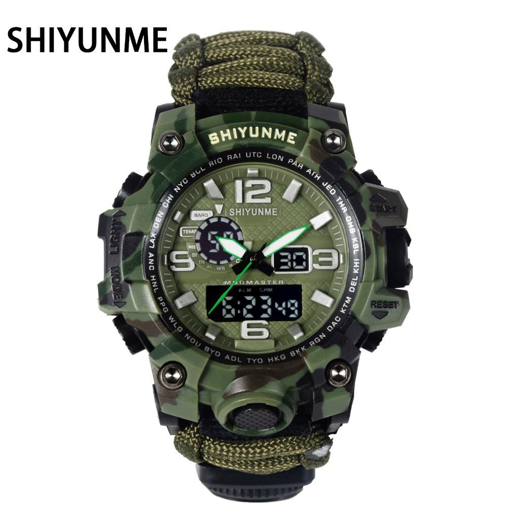 SHIYUNME Quân Sự Đồng Hồ Thể Thao Nam Đèn LED Kỹ Thuật Số Thạch Anh Đôi Màn Hình Hiển Thị Đồng Hồ Nam Chống Nước 50M La Bàn Dây Relogios Masculino