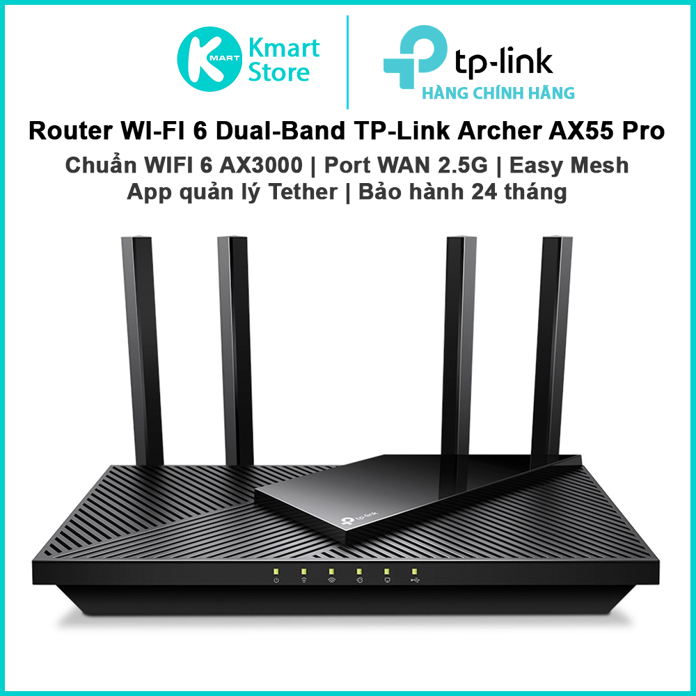 Router WIFI 6 TP-Link Archer AX55 PRO | 2 băng tần 2.4 &amp; 5GHz | 1x WAN/LAN 2.5G | VPN Client | EasyMesh | Bảo hành 2 năm | Hàng Chính Hãng