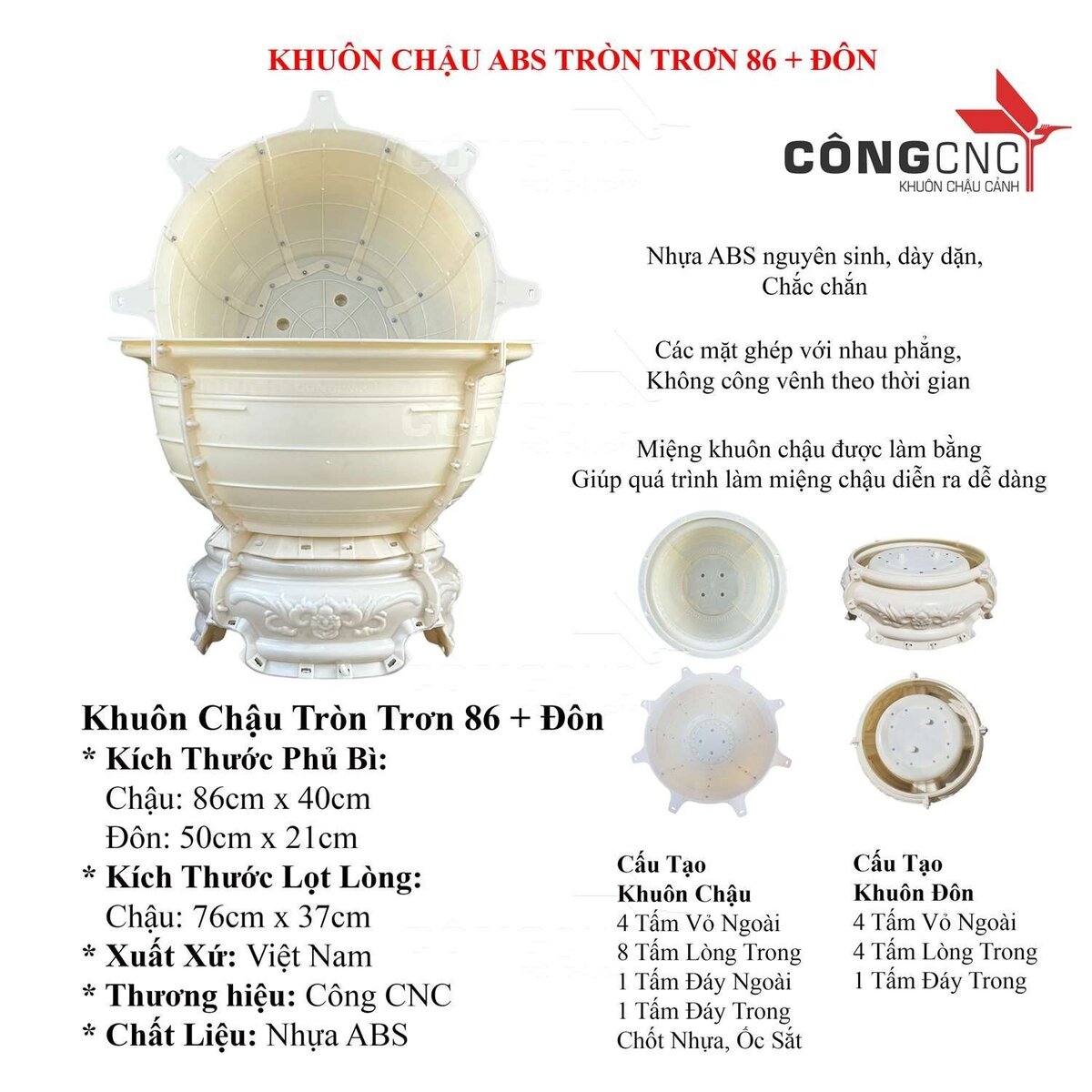 Khuôn Chậu Cảnh Tròn Trơn 86 -Kèm Chân Đôn
