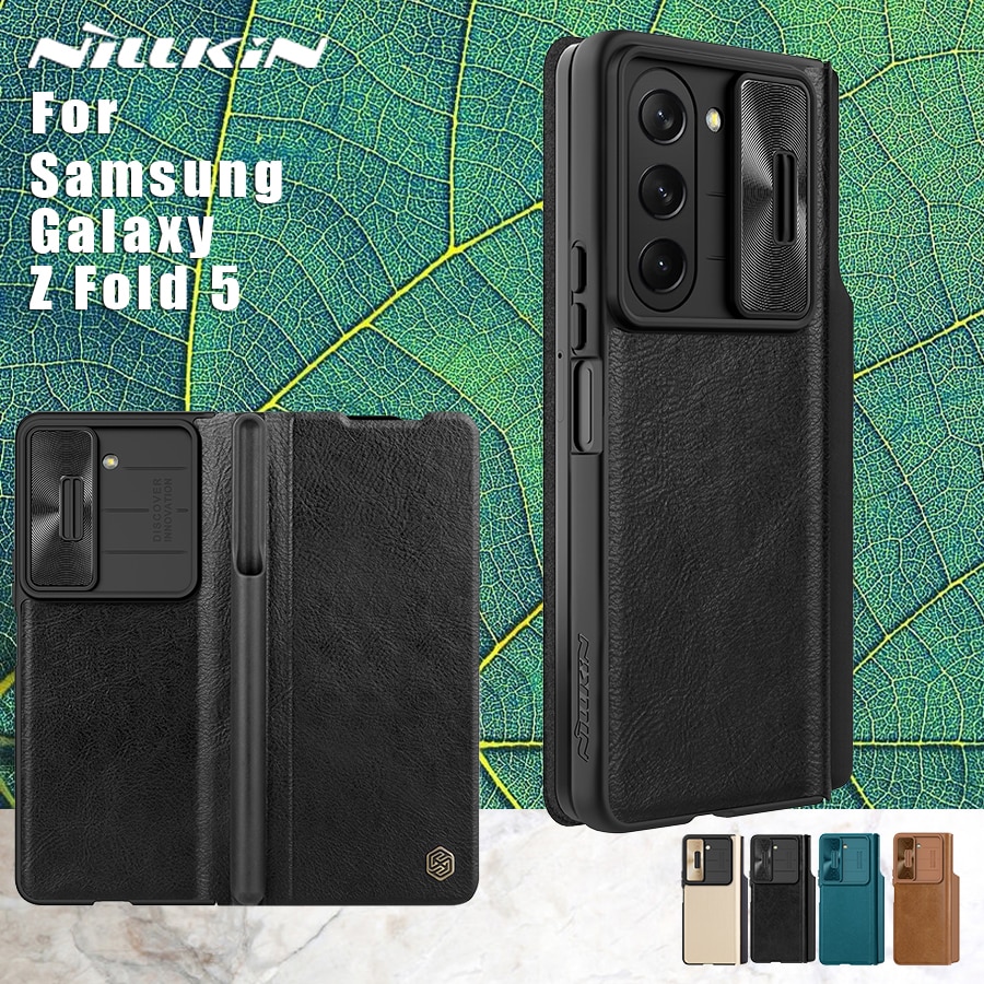 Bao da chống sốc cho Samsung Galaxy Z Fold 5 trang bị nắp bảo vệ Camera và ngăn đựng S-Pen hiệu Nillkin Qin Pro - Hàng nhập khẩu