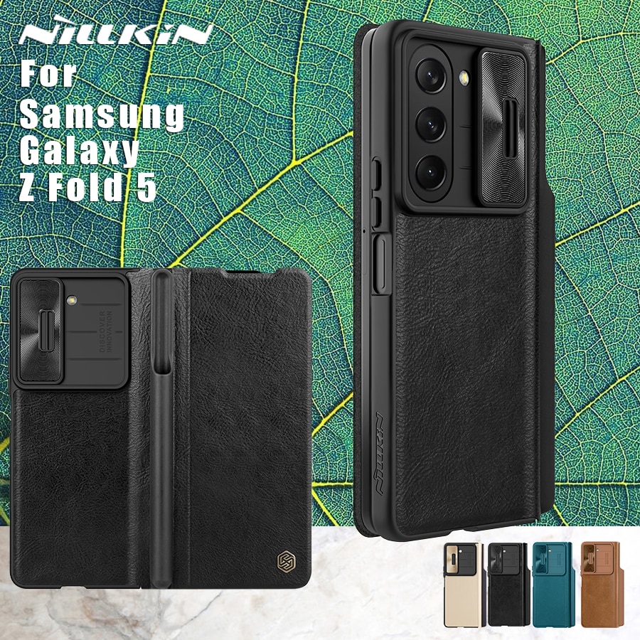 bao da chống sốc cho Samsung Galaxy Z Fold 5 trang bị nắp bảo vệ Camera và ngăn đựng S-Pen hiệu Nillkin Qin Pro (chất liệu da cao cấp, thiết kế thời trang cá tính) - Hàng nhập khẩu