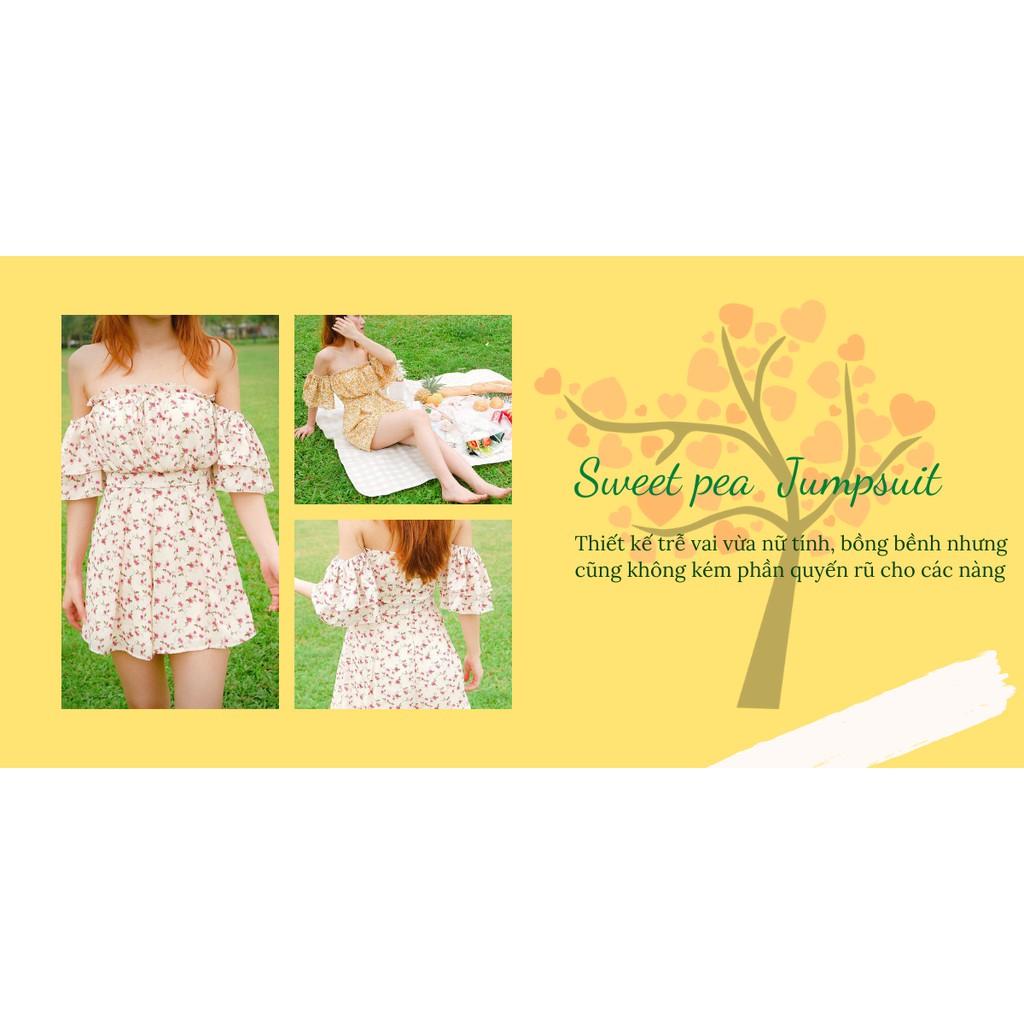 Jumpsuit mùa hè hoa nhí trễ vai bẹt vai tay rời giá rẻ mặc được 3 kiểu có lớp lót mát