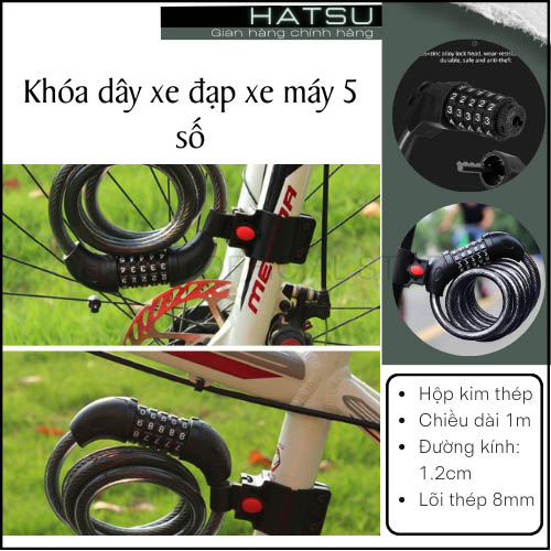 Khóa xe đạp 5 số chống trộm, khóa dây hợp kim thép bọc cao su chắc chắn -  đường kính bao gồm vỏ bọc 1.2cm - dài 1 mét