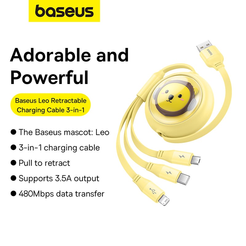 Cáp Sạc Nhanh Đa Năng Baseus Leo Retractable Charging Cable 3-in-1 USB to M+L+C 3.5A 1.1m - Hàng chính hãng