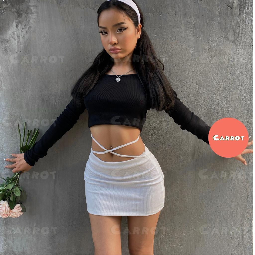 Croptop đen tay dài chân váy trắng basic ôm eo cột dây tôn dáng chất thun trendy thời trang nữ carrotxinhdep