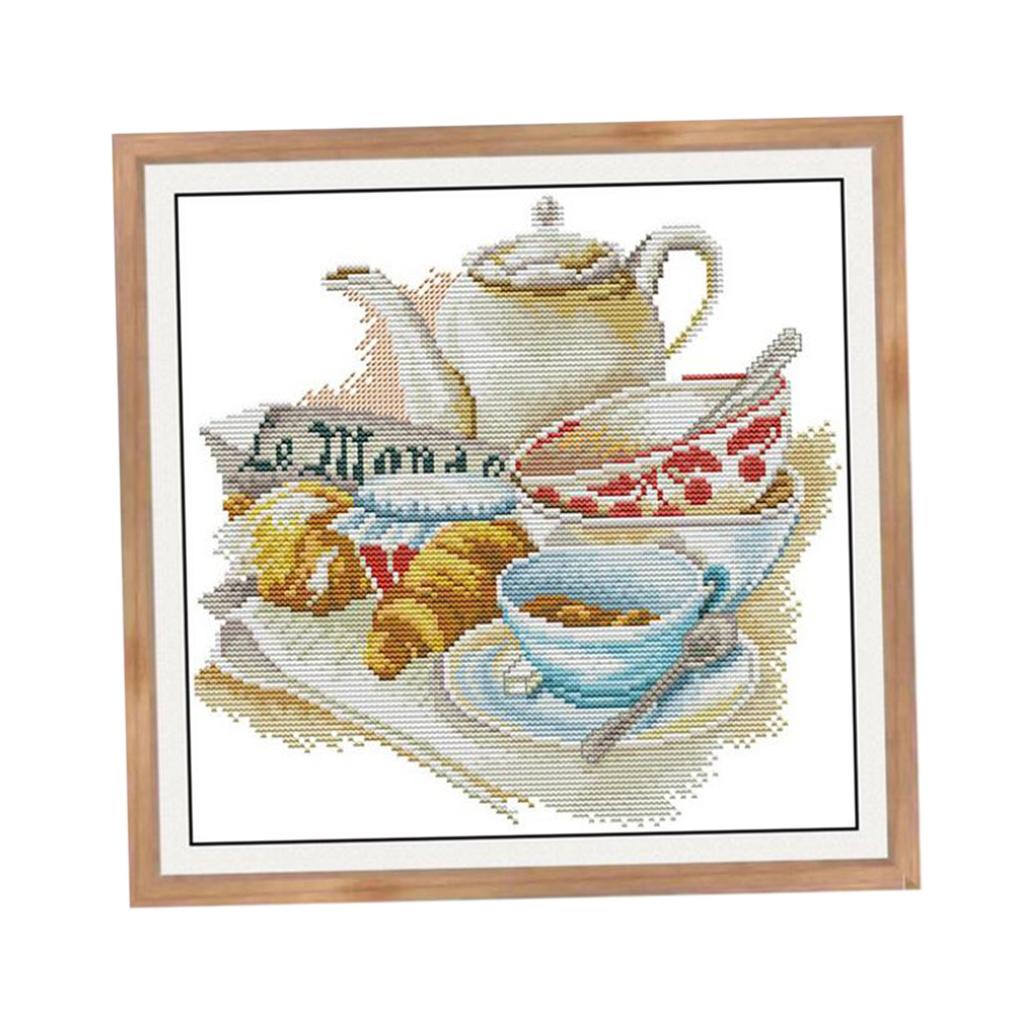 DIY Coffee & Tea Cross Stitch Stamped Kits Quilt Pre-Printed Cross-Stitching Patterns for Beginner Kids, Embroidery Crafts Needlepoint Starter Kits,