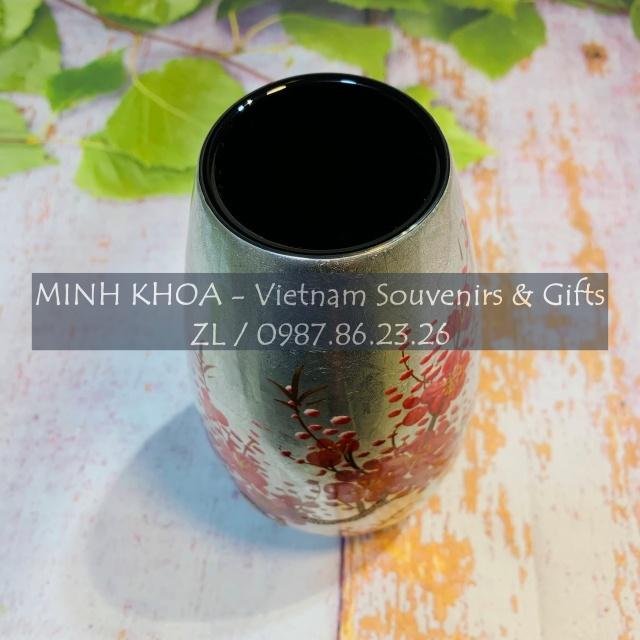 Bình Sơn Mài Lọ Hoa Quả Bầu Vẽ Hoa Đào Cẩn Trứng 17 cm - Vietnamese Lacquer Vase