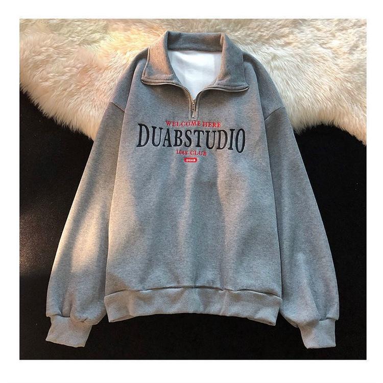 Áo sweater cổ bẻ khoá zip chất liệu bo tăm hoạ tiết thêu form rộng oversize nam nữ unisex